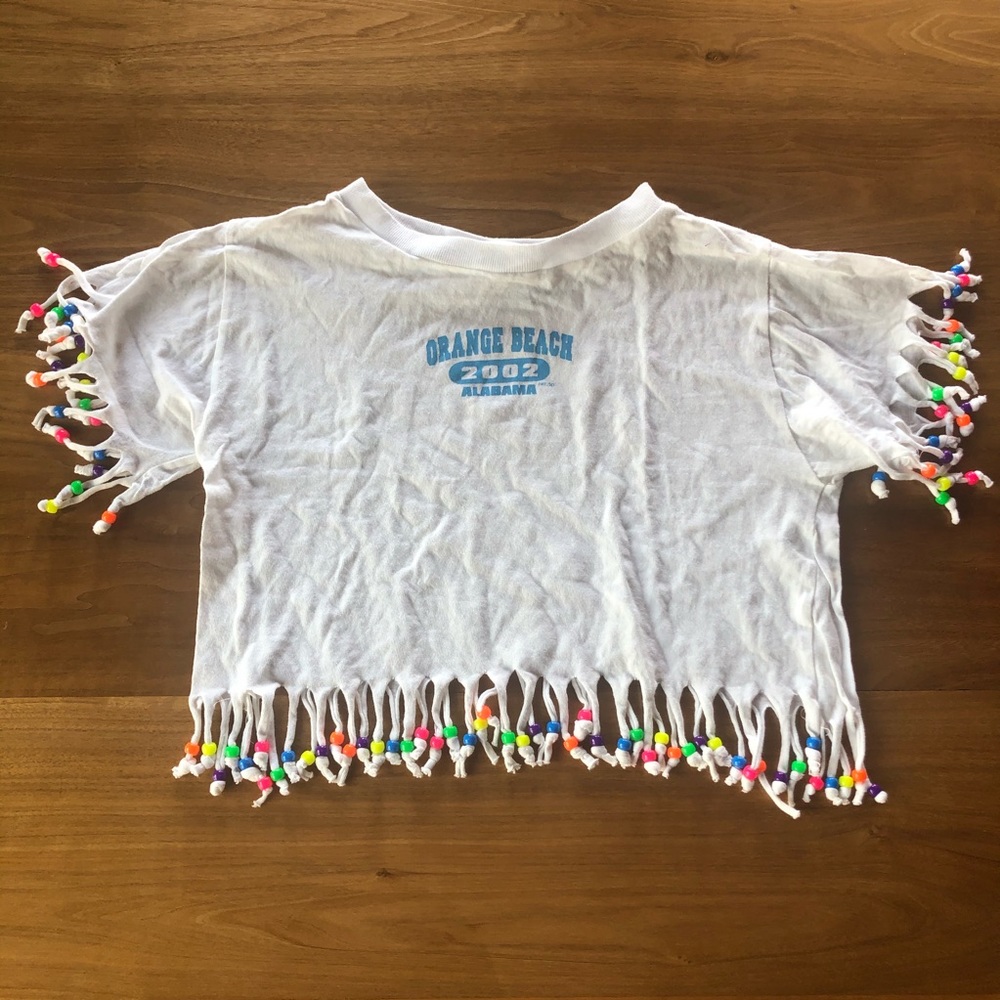VINTAGE 2002 Orange Beach white crop top w/fringe & beads